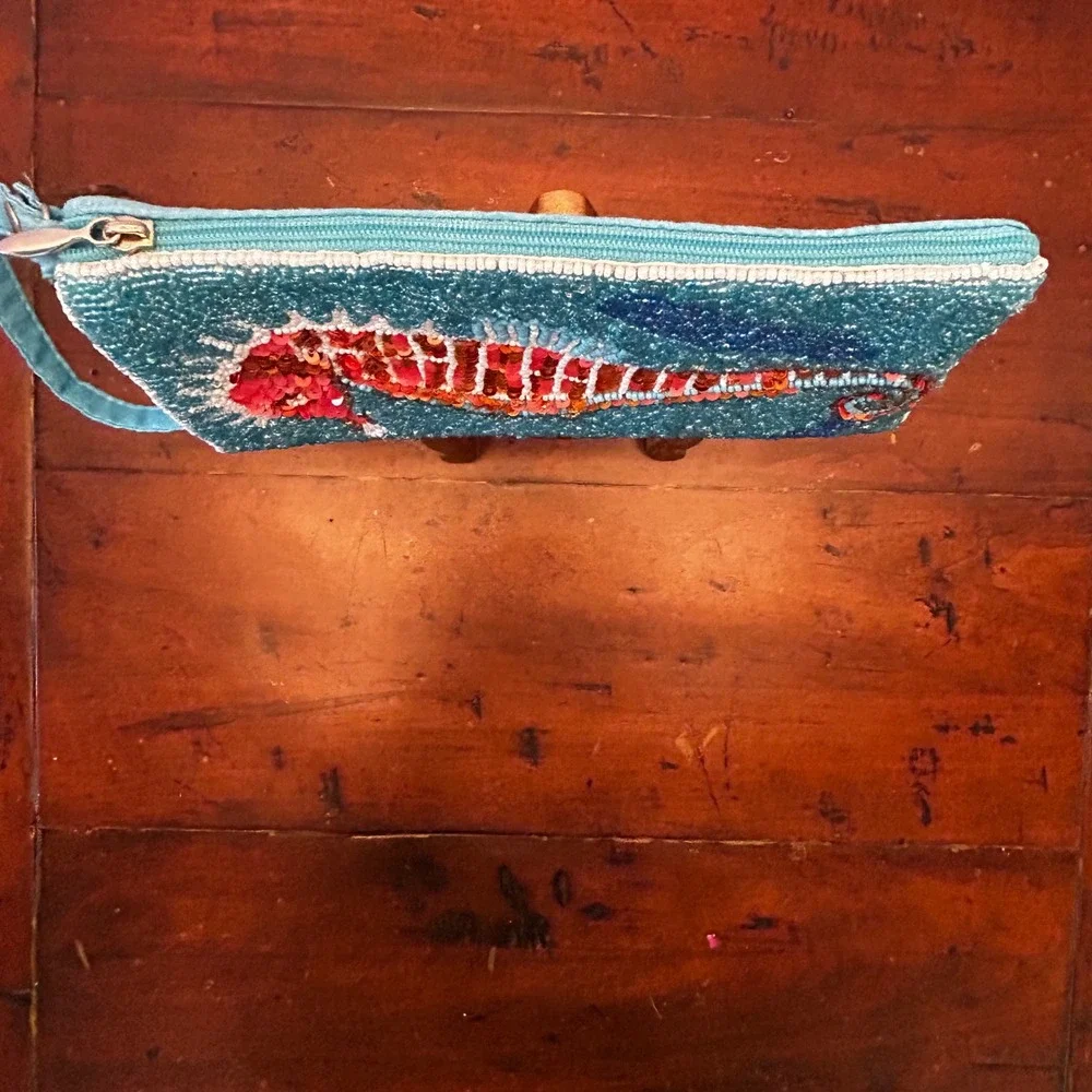 Bamboo Trading Co Seahorse Beaded Pouch Zipper w Shoulder Strap (not shown)
